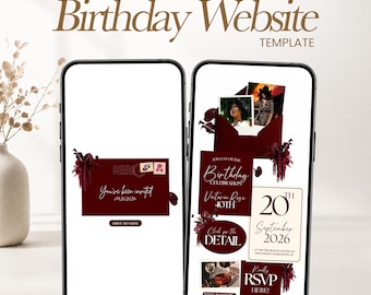 Aged Like Fine Wine Birthday Invitation | Burgundy Floral Canva Website Template (Digital Download)