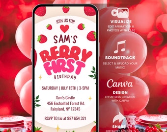 Digital Strawberry First Birthday Invitation, Animated Digital Template Canva, 1st Birthday Party Invite, Berry First Birthday Invitation