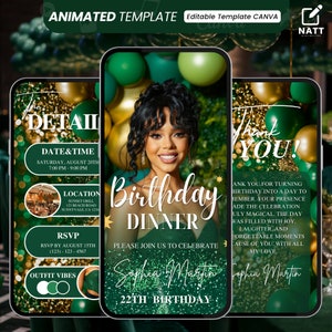 Digital Emerald Green Birthday Dinner Invitation, Animated Canva Template, Editable Template, Birthday Dinner, Digital Birthday Party Invite