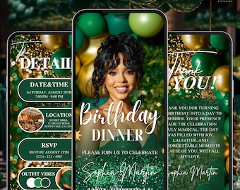 Digital Emerald Green Birthday Dinner Invitation, Animated Canva Template, Editable Template, Birthday Dinner, Digital Birthday Party Invite