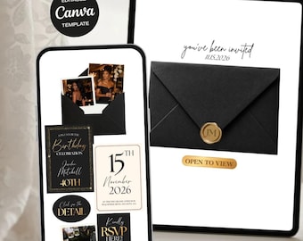 Black Gold Birthday Website Invitation, Elegant Milestone Evite ,Editabla Canva Template (Digital Download)
