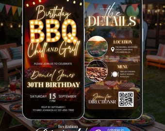 Editable Animated Birthday BBQ Party Invitation, Video Chill and Grill Digital Invite, Modern Backyard BBQ Birthday Evite for Any Age