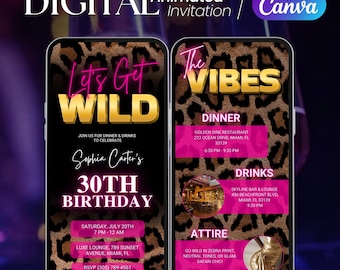 Cheetah Print Birthday Invitation, Animated Leopard Print Party Evite, Pink and Gold Wild Birthday Dinner Template, Glam Safari Theme Invite