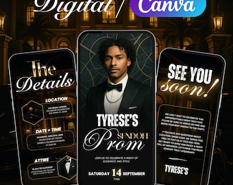 Animated Black Gold Prom Sendoff Invitation, Men Editable Prom Party, Digital Graduation Send Off Invite for Boys, King Prom Party Invite