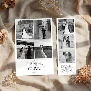 Puede incluir: Tarjetas de fotos de boda en blanco y negro con múltiples imágenes de una pareja. Las tarjetas tienen los nombres "DANIEL and OLIVAI" y la fecha "10.01.26" impresos. Las tarjetas están sobre una superficie beige.