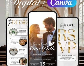 May include: A wedding invitation with a black background and gold text. The invitation features a photo of a couple and the text "Two Souls One Path" with their names, "Jasmine & Marcus". The invitation also includes the date and time of the wedding, "Sunday, September 15, 4:00 PM".