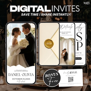 Modelo de convite de casamento digital, convite minimalista com foto, convite animado, Canva personalizável + cartão RSVP grátis