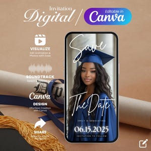 May include: A digital graduation invitation template with a photo of a woman in a blue graduation cap and gown. The text on the template says "Save the Date" and "Emily is graduating 06.15.2025". The template is editable in Canva.