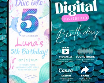 Editable Mermaid 5th Birthday Video Invitation for Girl, Digital Under the Sea Party Evite with Music, Canva Template