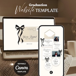 May include: A laptop and smartphone display a graduation website template. The design features a black bow and ribbon motif on a beige background. Text includes "Graduation Website Template," "You're Invited," and "Editable Canva Template."