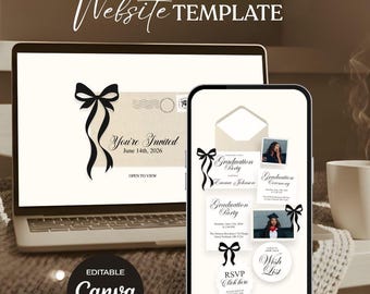 Graduation Website Template | Coquette Black Bow Invitation Class of 2026 | RSVP + Wish List | Editable Canva | Instant Download
