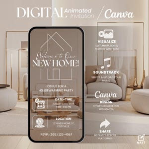 Minimalist Housewarming Party Digital Invitation, Editable New Home Welcome Video Invite, Canva Template, New House party Invitation