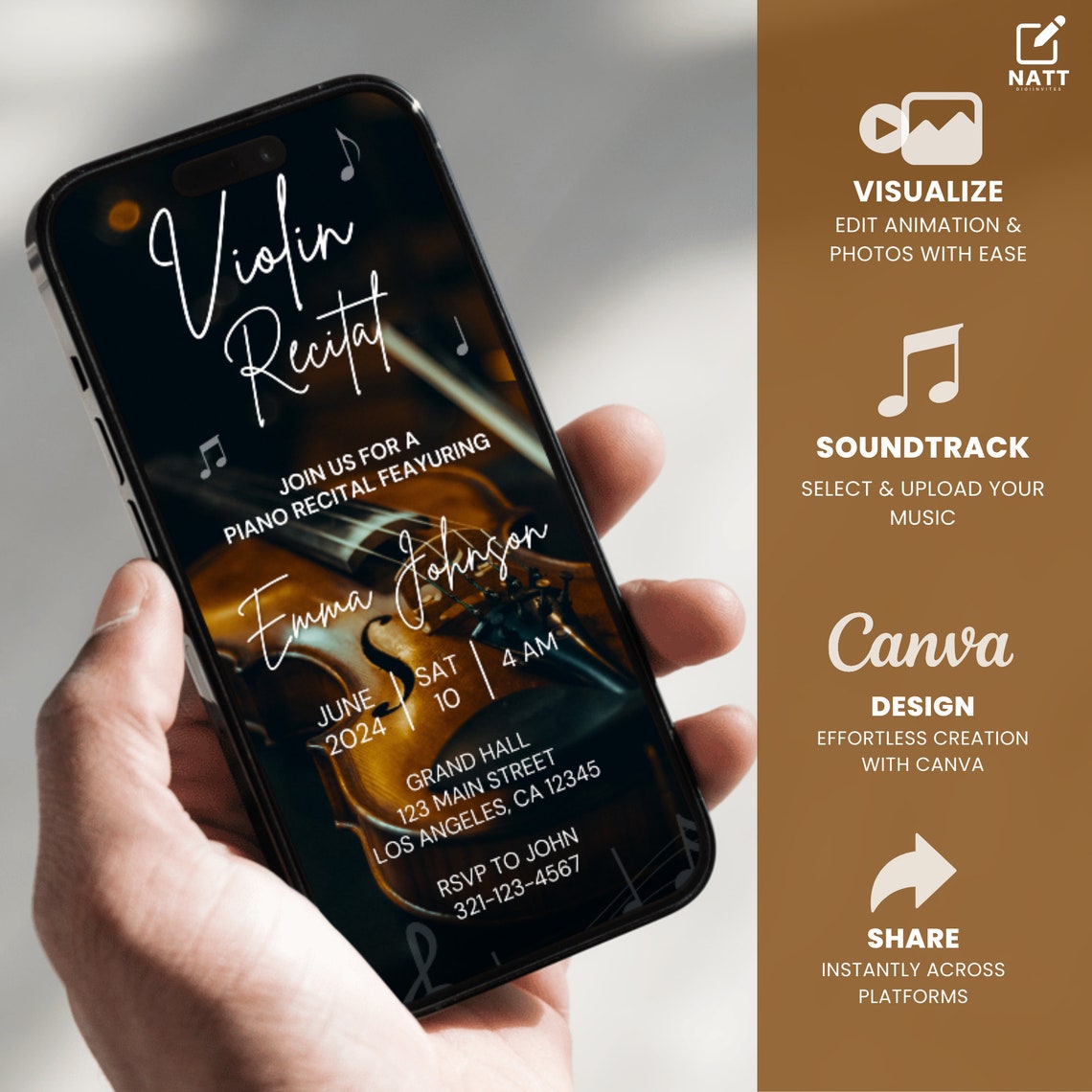 Voice Lessons Invites Editable Violin Recital Invitation, Animated Canva, Editable Template ...