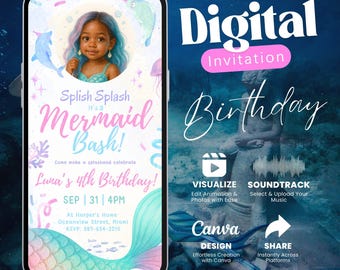 Editable Mermaid Birthday Video Invitation for Girl, Digital 4th Birthday Evite with Music, Pastel Under the Sea Canva Template