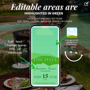 Green overlay on editable Canva graduation invite with backyard BBQ background.