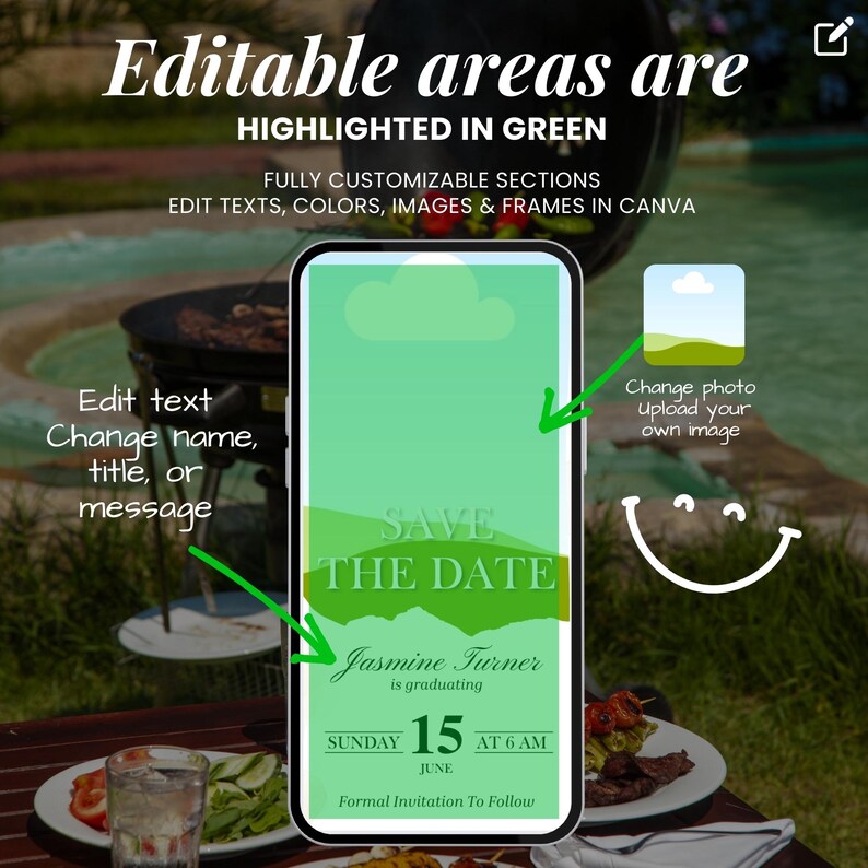Green overlay on editable Canva graduation invite with backyard BBQ background.