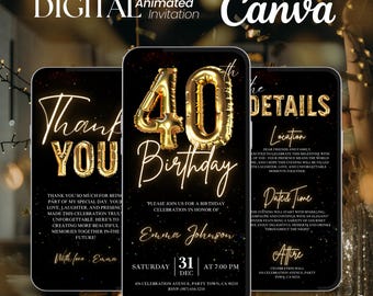 Digital 40th Birthday Invitation, Editable Canva Digital Template, Elegant Milestone Birthday Animated Invite