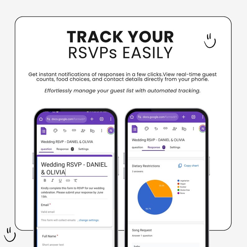 Peut inclure: Capture d'&eacute;cran de deux smartphones affichant un formulaire de RSVP de mariage. Le texte "TRACK YOUR RSVPS EASILY" est en haut. Le formulaire comprend des champs pour l'e-mail, le nom complet et un diagramme circulaire pour les restrictions alimentaires. Pour Daniel & Olivia.