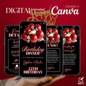 Red Birthday Dinner party Invitation, Digital Animated Birthday Invite for women, Editable in Canva, Birthday Party Invite for women