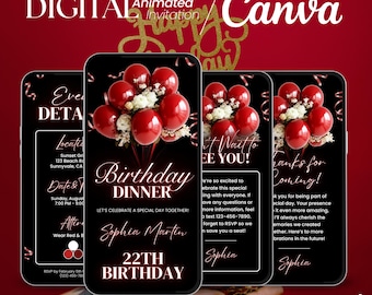 Red Birthday Dinner party Invitation, Digital Animated Birthday Invite for women, Editable in Canva, Birthday Party Invite for women
