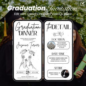 May include: A digital graduation invitation featuring a black and white illustration of two hands holding graduation caps. The invitation includes the text "Graduation Dinner" and the name "Jasmine Turner". The invitation also provides details about the event, such as the date, time, location, and attire.
