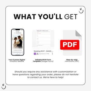 Peut inclure: Image avec le texte "WHAT YOU'LL GET" et des illustrations d'un site web d'invitation num&eacute;rique, d'un mod&egrave;le de formulaire RSVP modifiable et d'instructions PDF. L'invitation num&eacute;rique montre un couple. L'ic&ocirc;ne PDF est rouge.