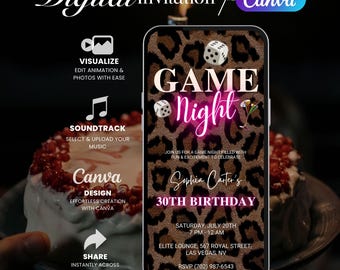 Cheetah Print Game Night Invitation, Animated Leopard Party Evite, Neon Pink & Gold Casino Theme Invite, Leopard Birthday Invite Template