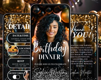 Animated Black and White Birthday Dinner Invitation, Animated Canva, Editable Template, Party Itinerary, Animated Birthday Dinner