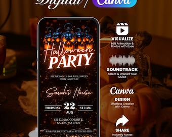 May include: A digital Halloween party invitation on a smartphone screen. The design features glowing jack-o'-lanterns, the text "Halloween Party," and event details. The invitation is editable in Canva, with options to visualize, add a soundtrack, and share.