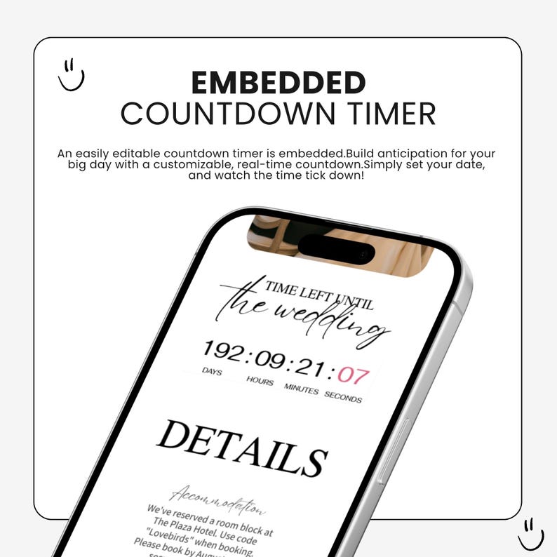 Peut inclure: Un smartphone affiche un compte &agrave; rebours de mariage. L'&eacute;cran indique "Time Left Until The Wedding" avec le temps restant : 192 jours, 9 heures, 21 minutes et 7 secondes. Le t&eacute;l&eacute;phone affiche &eacute;galement le mot "DETAILS" et des informations d'h&eacute;bergement.