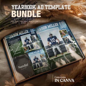 Può includere: Pacchetto di modelli di annunci per annuari a tema football americano. Il libro aperto mostra una pagina intera (21,6 cm x 27,9 cm), una mezza pagina (21,6 cm x 14 cm) e una pagina da un quarto (10,8 cm x 14 cm). Il design include il testo "Jason Miller 10" e l'opzione per personalizzare in Canva.