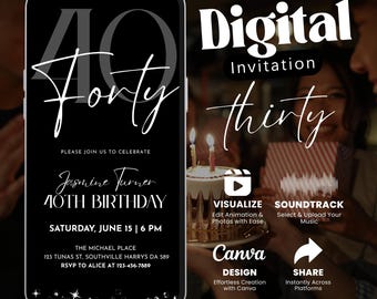 Animated 40th Birthday Digital Invitation, Elegant Black & Silver Video Evite, Text Message Invitation, 40th Birthday Evite