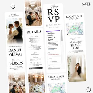 Peut inclure: Un ensemble de faire-part de mariage sur le th&egrave;me romantique. La conception comprend des photos du couple, les d&eacute;tails de la r&eacute;ponse et une carte. L'invitation pr&eacute;sente les noms Daniel et Olivia, avec la date 14.05.25.