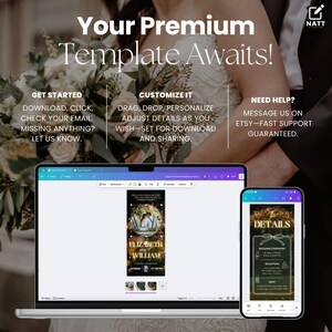 Op de afbeelding: Een laptop en een smartphone die een huwelijksuitnodigingstemplate weergeven met een goud-zwart kleurenschema. De template toont een stel in een cirkel met een gouden glitterachtergrond. De tekst op de template luidt "Elizabeth & William".