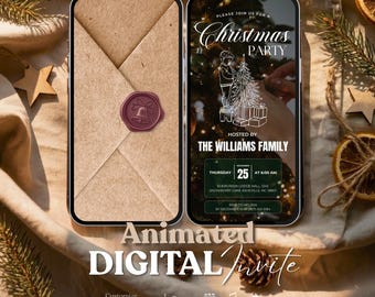 Animated Christmas Party Invitation Video with Opening Envelope, Rustic Holiday Evite, Editable Canva Mobile Text Invite