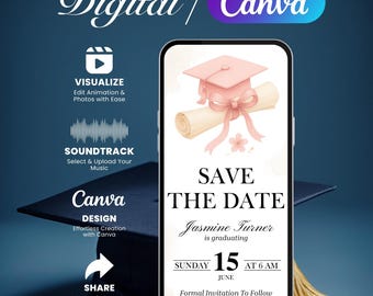 Digital Graduation Save The Date Invitation 2025, Editable Canva Template with Music, Animated Watercolor Grad Announcement eCard