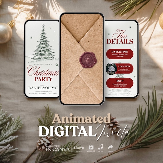 Animated Christmas Party Envelope Invitation, Holiday Digital Evite Template, Elegant Winter Party Canva Invite, Annual Holiday Party