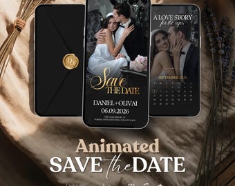 Animated Envelope Save the Date Video Template | Black Gold | Couple Photo + Calendar | Editable Canva Video | Instant Download