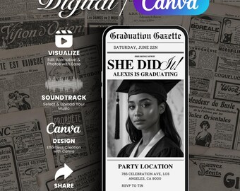 She Did It Graduation Newspaper Invitation, Editable Canva Grad Party Flyer, Class of 2025 Announcement, Black and White Digital Template