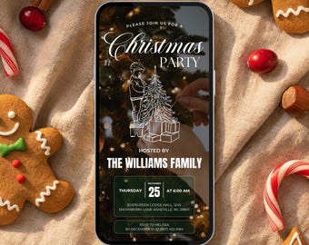 Rustic Digital Christmas Party Invitation for Smartphone featuring Cozy Holiday Line Art, Editable Canva Template for Text Message