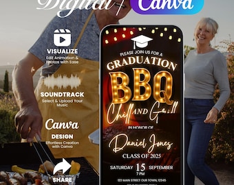 Animated Graduation BBQ Invitation 2025, Digital Evite with Music, Self-Editable Canva Grill Theme Party Template
