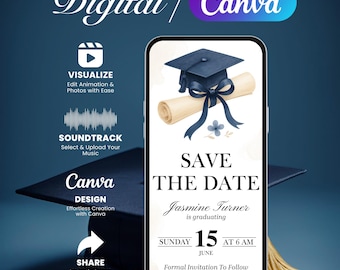 Digital Graduation Save The Date Invitation 2025, Editable Canva Template with Music, Animated Watercolor Grad Announcement eCard