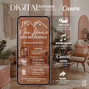 Digital  Housewarming Party Invitation, Editable New Home Video Invite, Custom Canva Template, House warming Invitation, New Apartment Evite