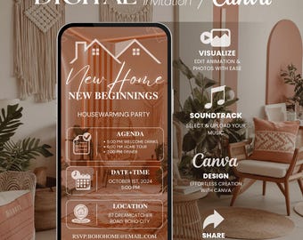 Digital  Housewarming Party Invitation, Editable New Home Video Invite, Custom Canva Template, House warming Invitation, New Apartment Evite
