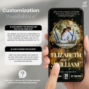 Op de afbeelding: Een digitale uitnodigingstemplate voor een huwelijksviering. De template toont een stel dat op een bankje in een bosrijke omgeving zit. De tekst op de template luidt "Elizabeth en William Huwelijksviering Dag 31 Dec om 19:00 uur".