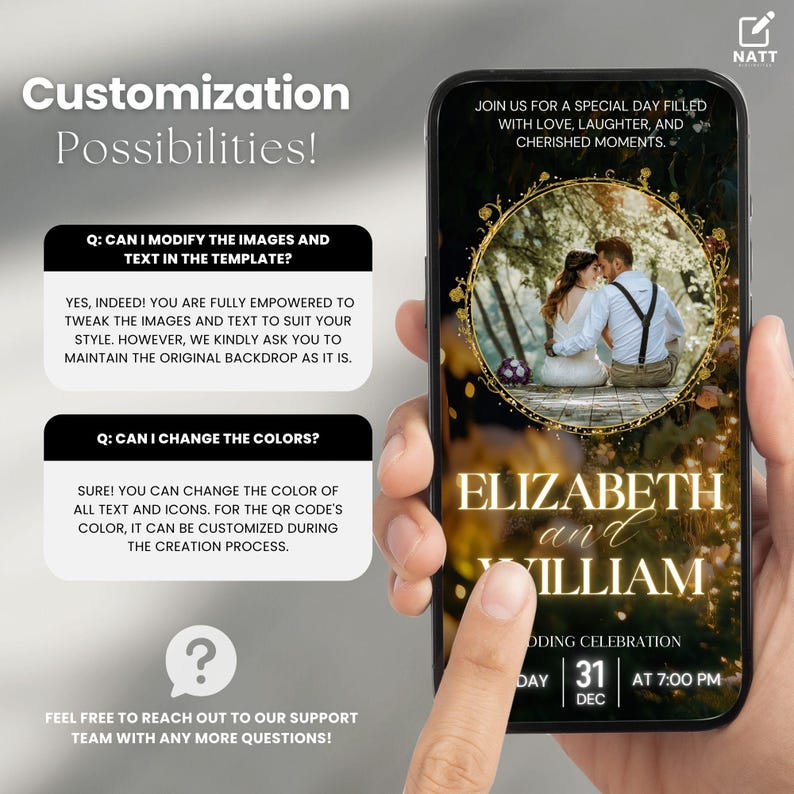 Op de afbeelding: Een digitale uitnodigingstemplate voor een huwelijksviering. De template toont een stel dat op een bankje in een bosrijke omgeving zit. De tekst op de template luidt "Elizabeth en William Huwelijksviering Dag 31 Dec om 19:00 uur".
