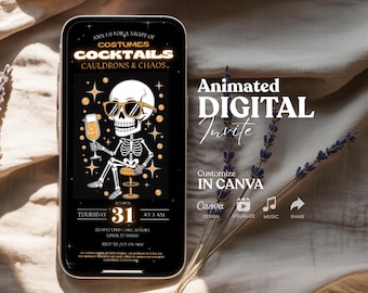Animated Skeleton Halloween Party Invitation, Video Spooky Costume Cocktails Digital Evite, Editable Canva Template, Adult Halloween Invite
