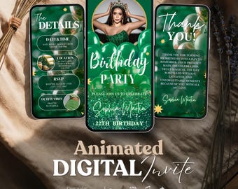 Emerald Green Birthday Party Invitation: Animated Canva Template (Digital Download)