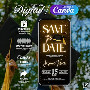 Faire-part de remise des diplômes numérique «Retenez la date», carte électronique de fête or animée, modèle de toile auto-modifiable, faire-part 2025 pour les diplômés universitaires Evite