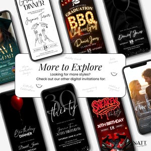 Gallery layout showing multiple phone mockups with various digital invitation styles for birthdays, graduations, and weddings.